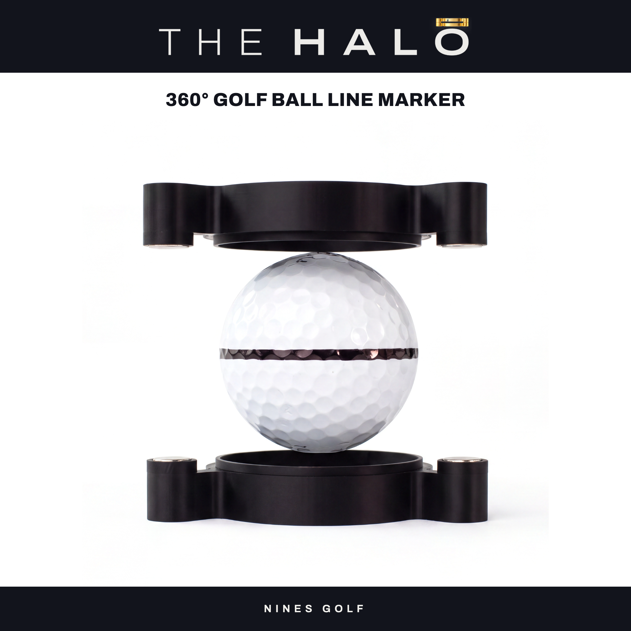 The Halo 360° golf ball line marker by Nines Golf, shown open with a white golf ball between its two black magnetic halves