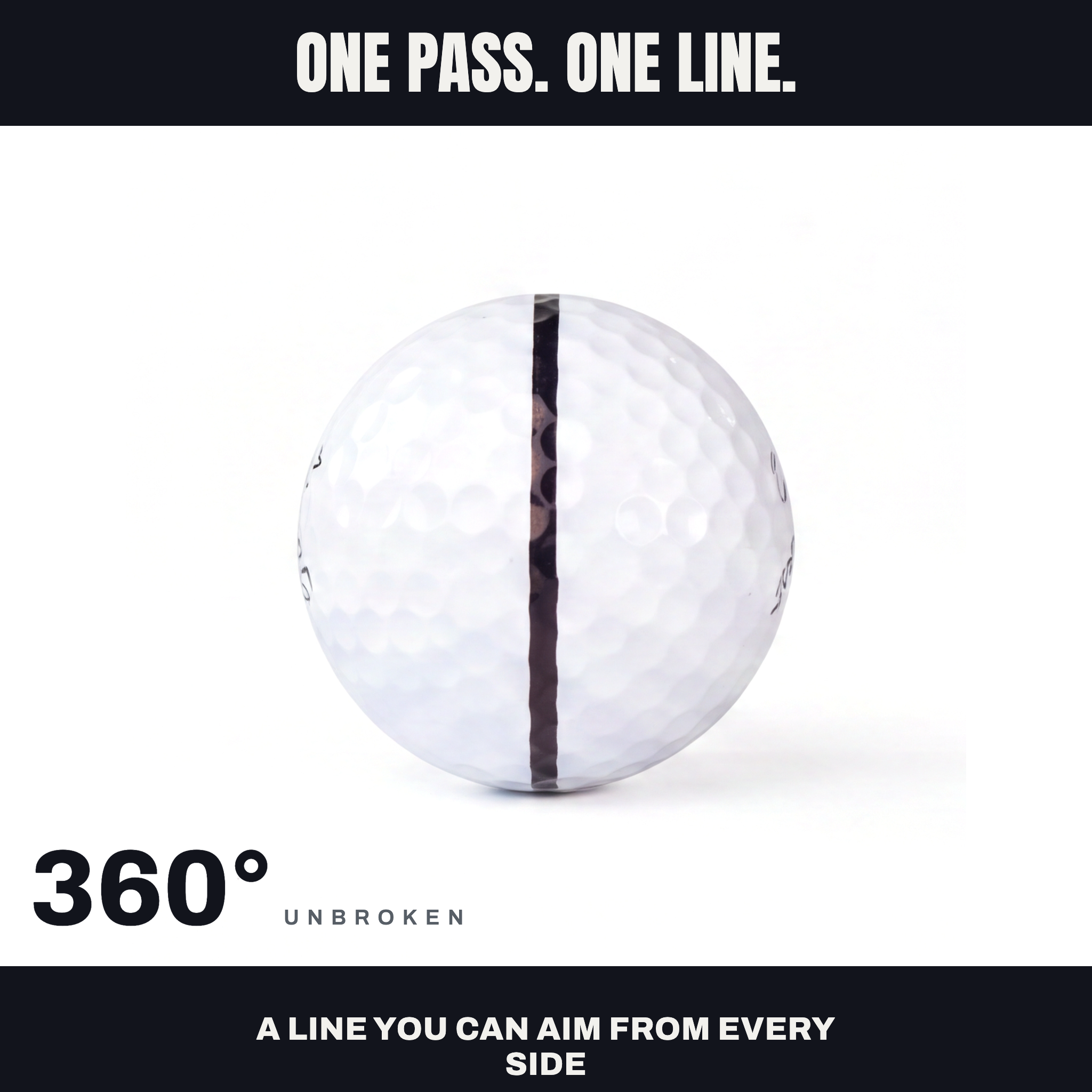 A golf ball marked with the Halo, showing one unbroken 360° line you can aim from any side